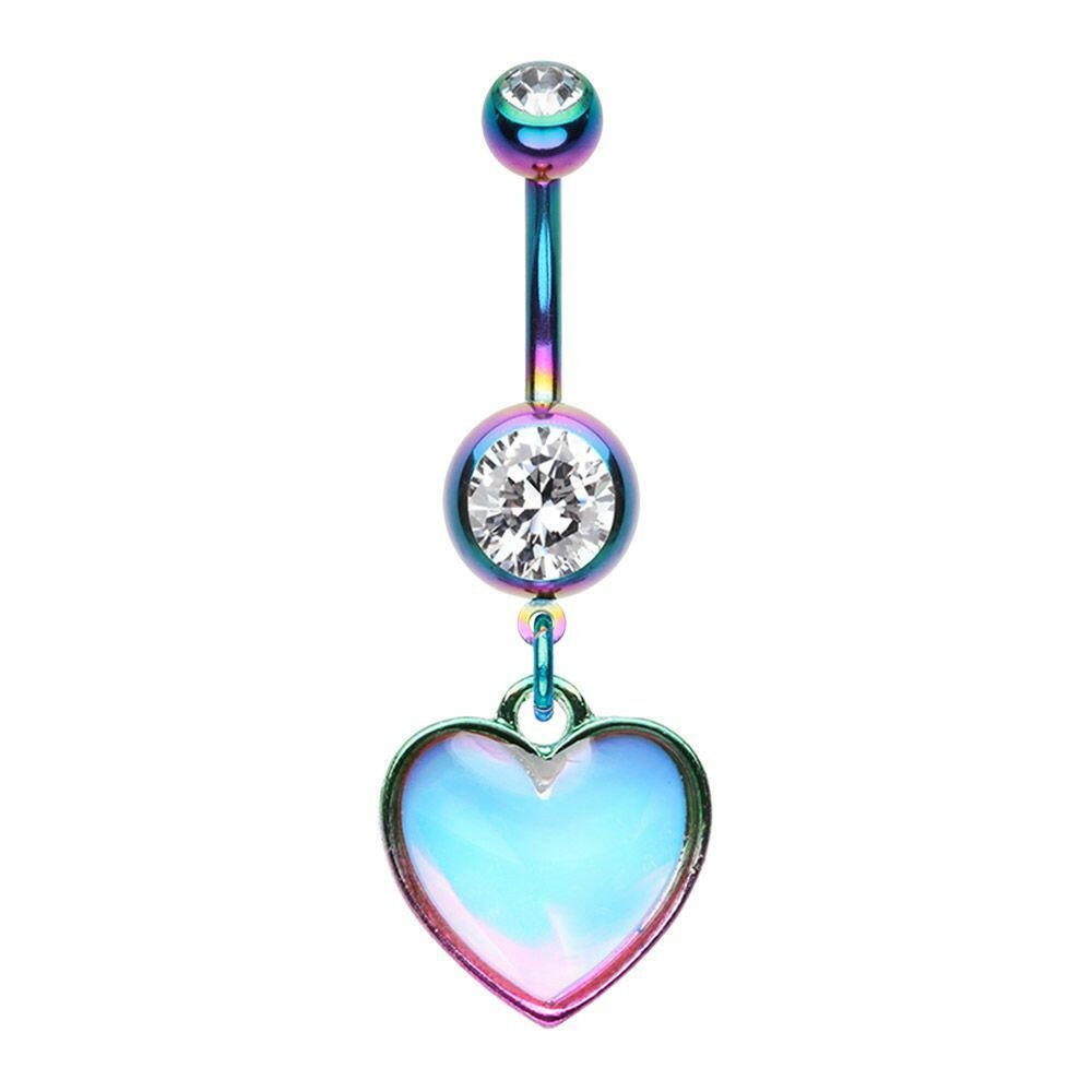 Rainbow Illuminating Moonstone Heart Belly Button Ring Navel Ring Impulse Piercings