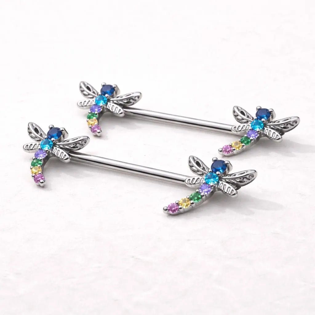 Rainbow Jeweled Dragonfly Nipple Bar Nipple Ring Skin Metals