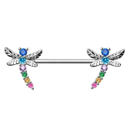Rainbow Jeweled Dragonfly Nipple Bar Nipple Ring Skin Metals