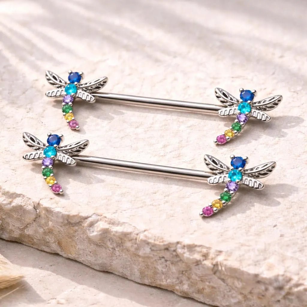 Rainbow Jeweled Dragonfly Nipple Bar Nipple Ring Skin Metals
