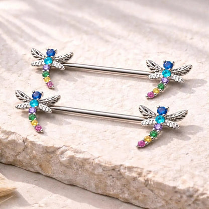 Rainbow Jeweled Dragonfly Nipple Bar Nipple Ring Skin Metals