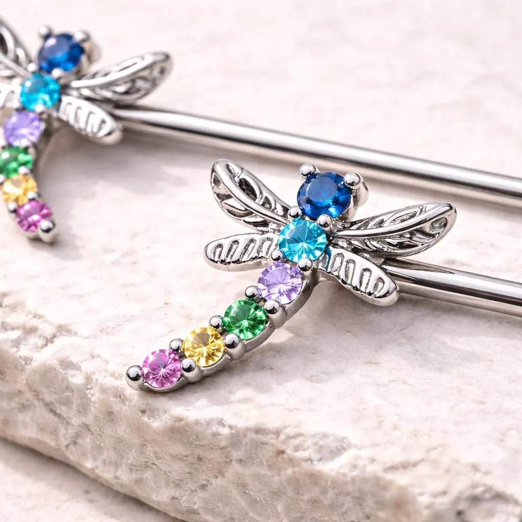 Rainbow Jeweled Dragonfly Nipple Bar Nipple Ring Skin Metals