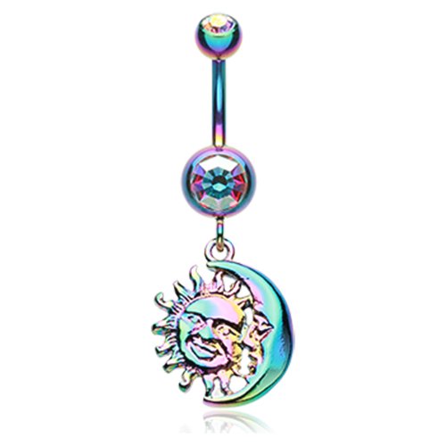 Rainbow Sun & Moon Union of Opposites Belly Button Ring Navel Ring Impulse Piercings Rainbow/Aurora Borealis