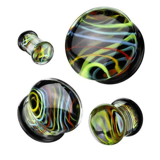 Rainbow Swirl Over Black Back Glass Double Flare Plug Plugs Impulse Piercings