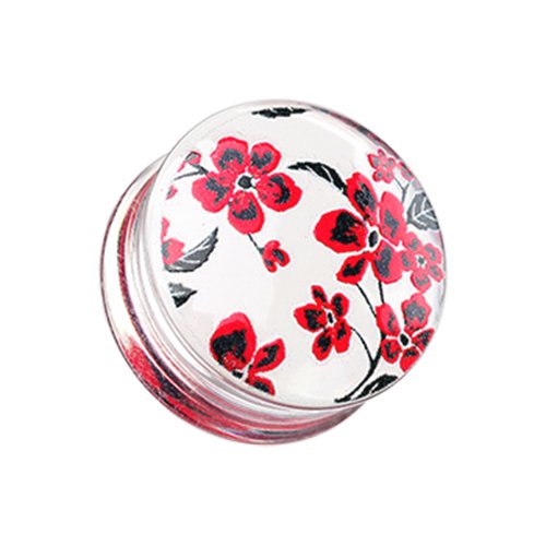 Red Cherry Blossom Clear UV Double Flared Ear Gauge Plug Plugs Impulse Piercings 7/16" (11mm)