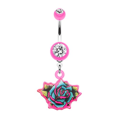 Retro Tattooed Rose Belly Button Ring Navel Ring Impulse Piercings Pink