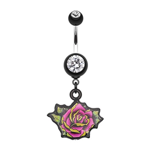 Retro Tattooed Rose Belly Button Ring Navel Ring Impulse Piercings Black