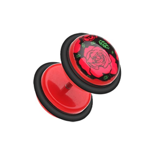 Rose Bloom Acrylic Fake Plug with O-Rings Fake Plug Impulse Piercings 16 gauge (1.2mm)