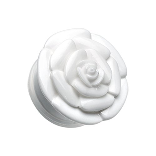 Rose Blossom Flower Single Flared Ear Gauge Plug Earrings Plug Earrings Impulse Piercings 6 GA (4mm) White