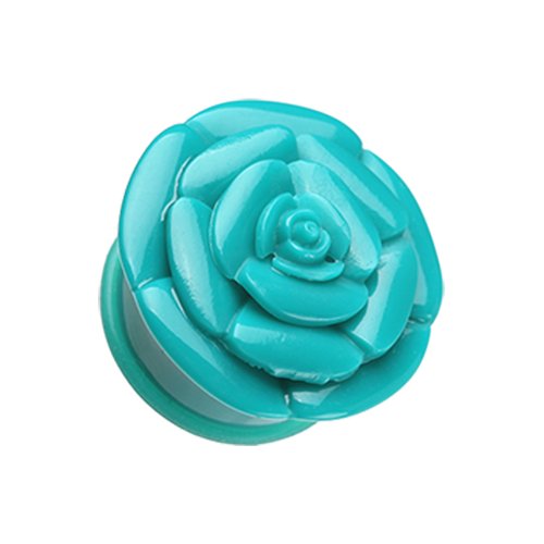 Rose Blossom Flower Single Flared Ear Gauge Plug Earrings Plug Earrings Impulse Piercings 6 GA (4mm) Teal