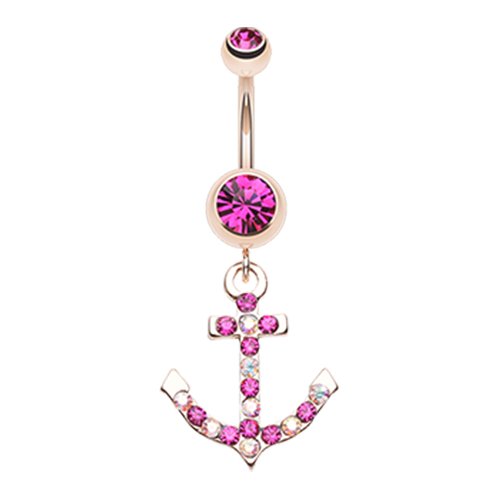 Rose Gold Anchor Dapple Sparkle Belly Button Ring Navel Ring Impulse Piercings Fuchsia/Aurora Borealis