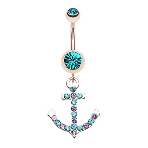 Rose Gold Anchor Dapple Sparkle Belly Button Ring Navel Ring Impulse Piercings Teal/Tanzanite