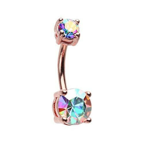 Rose Gold Brilliant Sparkle Gem Prong Set Belly Button Ring Navel Ring Impulse Piercings Aurora Borealis