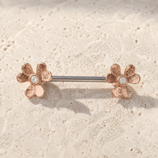 Rose gold clover leaf nipple bar 14G , clear CZ each leaf, 316L stainless steel rose gold plated body jewelry