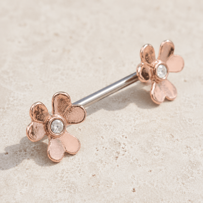 Side view of rose gold clover leaf nipple barbell, 14G 316L stainless steel shaft, 14mm wearable bar length