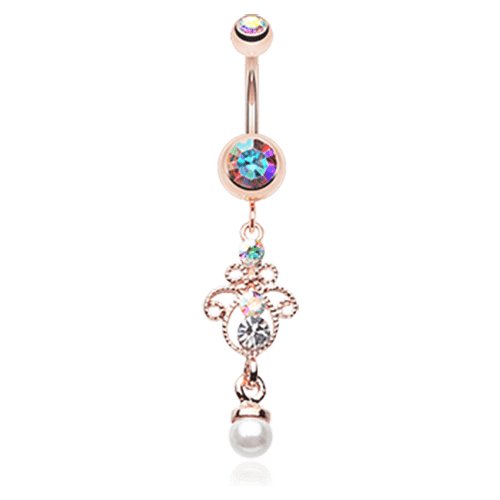 Rose Gold Elegant Jeweled Pearl Dangle Belly Button Ring Navel Ring Impulse Piercings