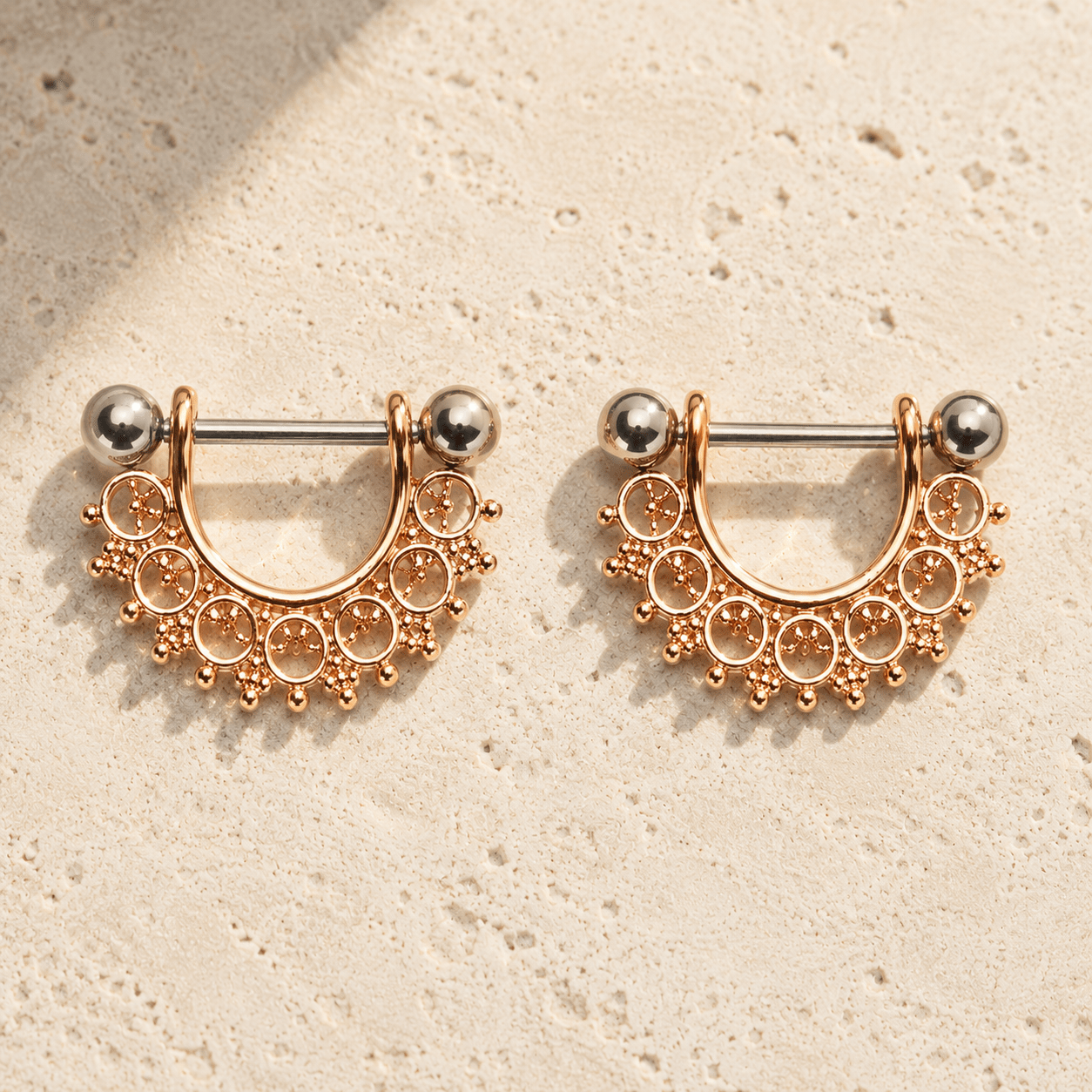 Rose Gold Plated Filigree Fan Design Nipple Ring - Skin Metals