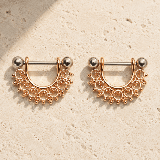 Rose Gold Plated Filigree Fan Design Nipple Ring - Skin Metals