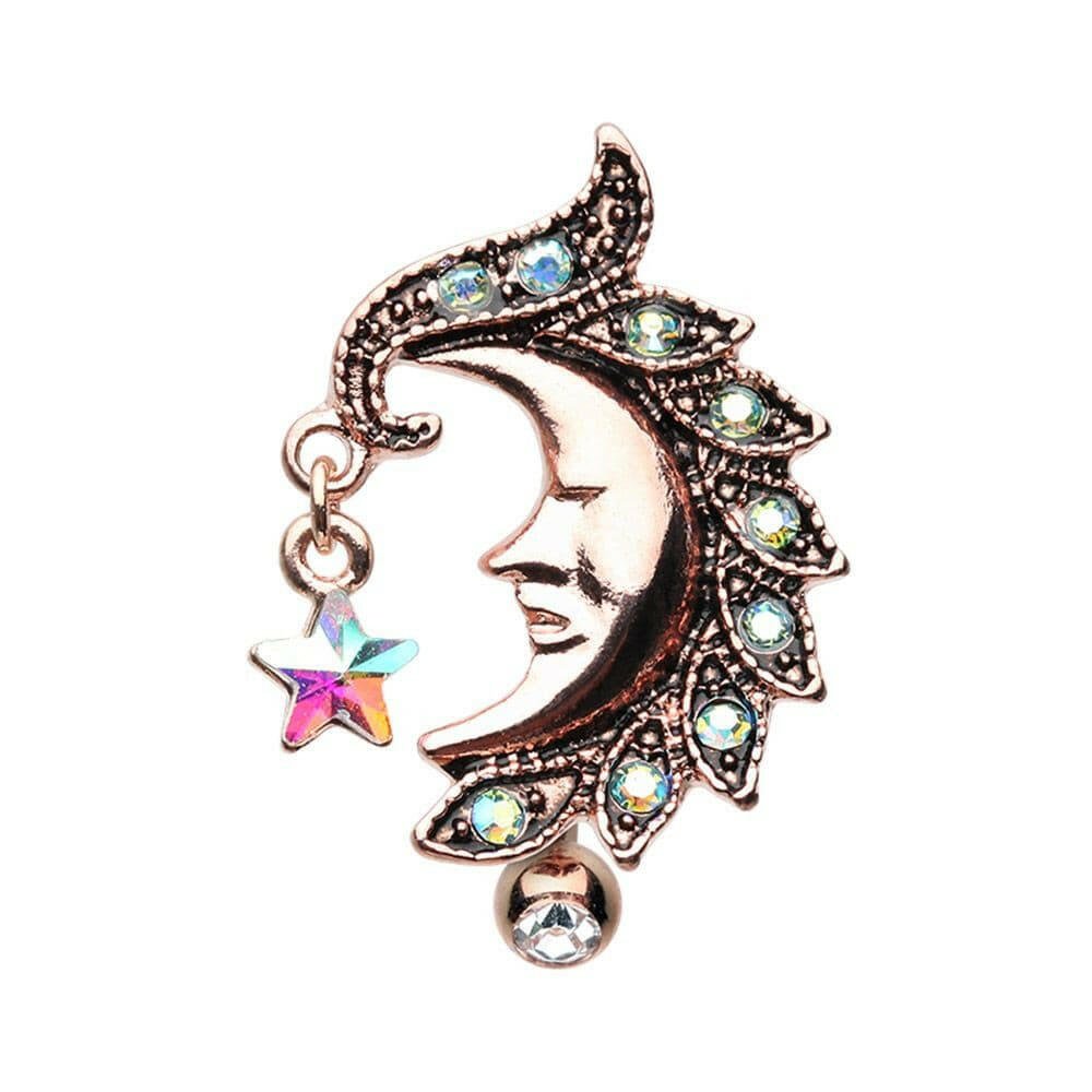 Rose Gold Heavenly Moon Face Reverse Drop Top Belly Button Ring Navel Ring Impulse Piercings