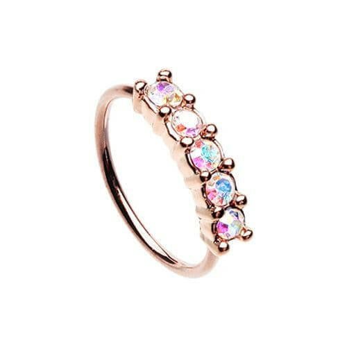 Rose Gold Iridescent Seamless Prong set 5 Gem Bendable Nose Hoop Nose Ring Impulse Piercings 20 gauge (0.8mm) 5/16" (8mm) Aurora Borealis