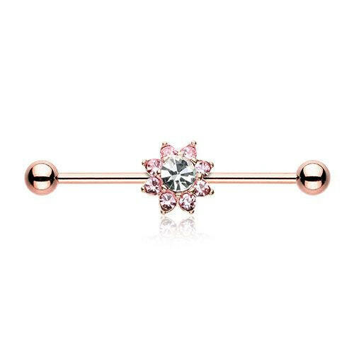 Rose Gold Luscious Flower Industrial Barbell Industrial Barbell Impulse Piercings Clear/Pink