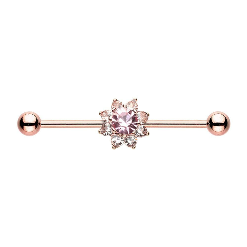 Rose Gold Luscious Flower Industrial Barbell Industrial Barbell Impulse Piercings Pink/Clear