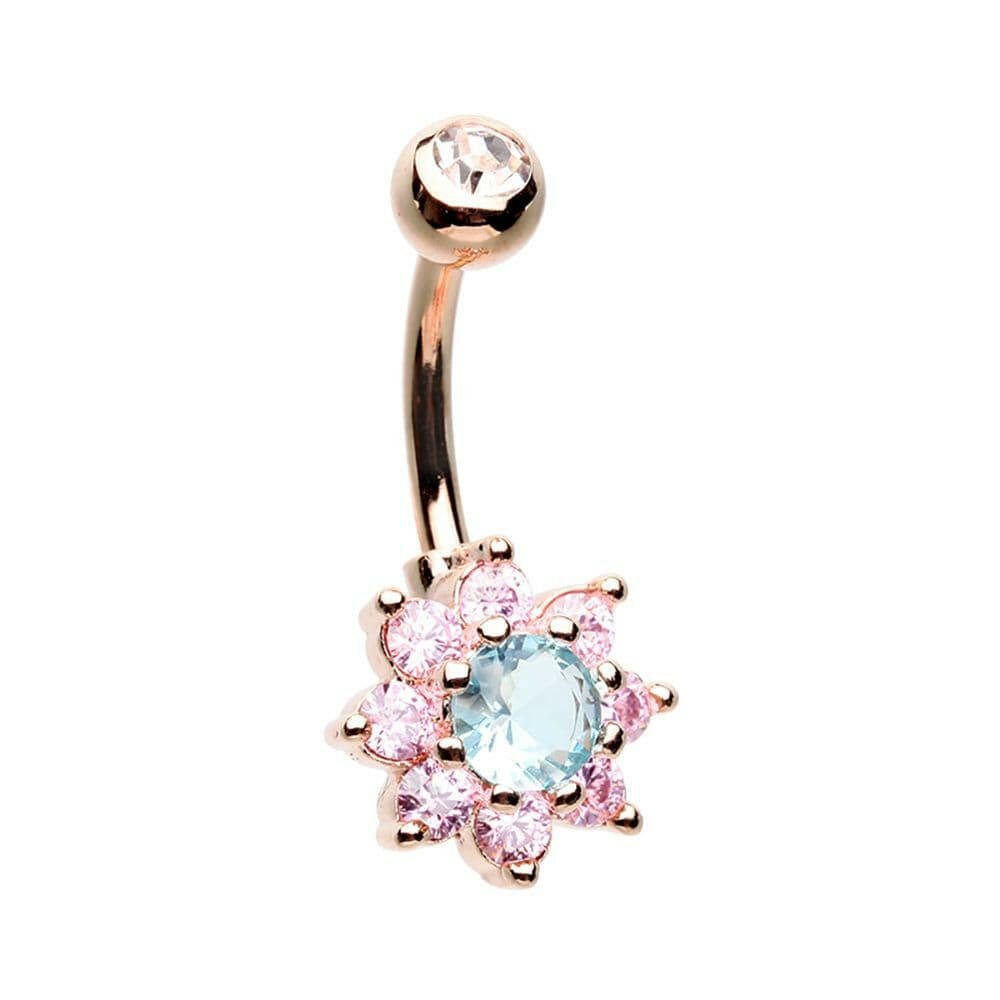 Rose Gold Luxuriant Spring Flower Cubic Zirconia Belly Button Ring Navel Ring Impulse Piercings Clear/Aqua/Pink