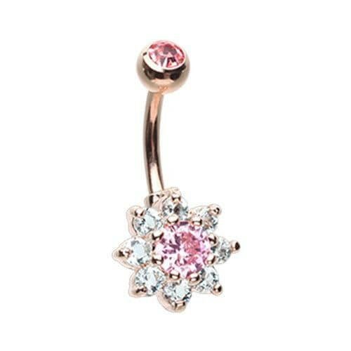 Rose Gold Luxuriant Spring Flower Cubic Zirconia Belly Button Ring Navel Ring Impulse Piercings Pink/Aqua