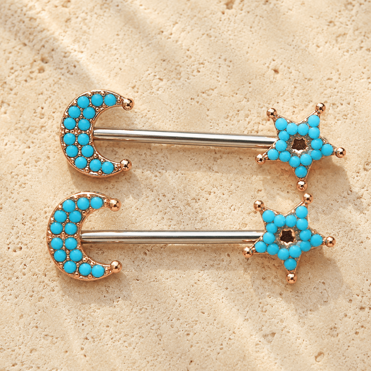 Rose gold moon star nipple bar 14G pair, turquoise beads rose gold plated 316L stainless steel celestial body jewelry
