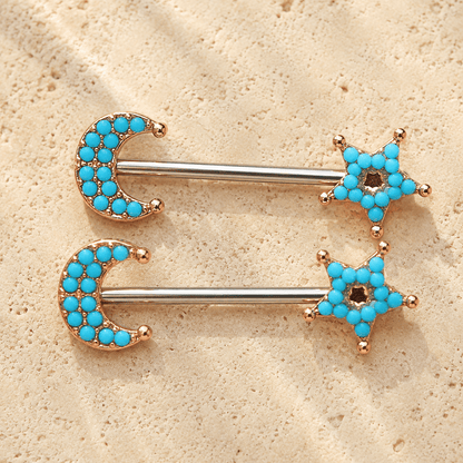 Rose gold moon star nipple bar 14G pair, turquoise beads rose gold plated 316L stainless steel celestial body jewelry