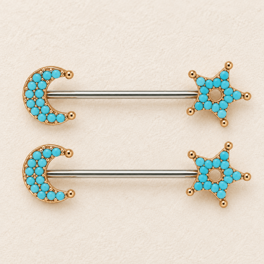 Rose Gold Moon Star Nipple Bar 14G Turquoise Bead Pair - Skin Metals