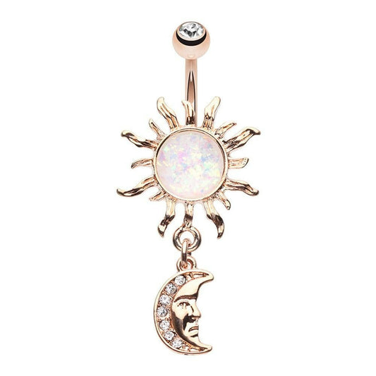 Rose Gold Opal Celestial Sun Moon Belly Button Ring Navel Ring Impulse Piercings