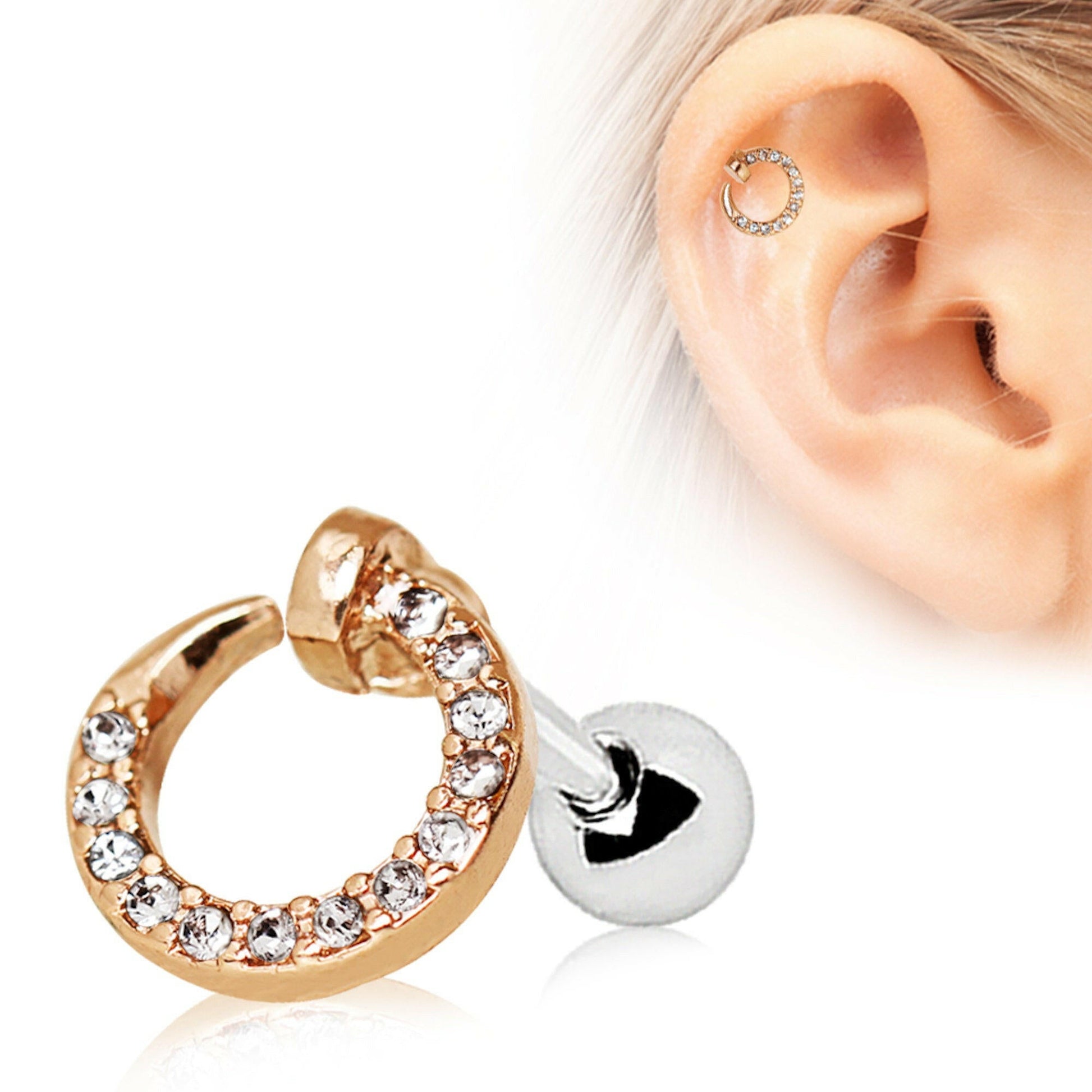 Rose Gold Plated Jeweled Circular Ring Cartilage Earring Cartilage Earring Impulse Piercings 16 gaugeLength: 1/4"