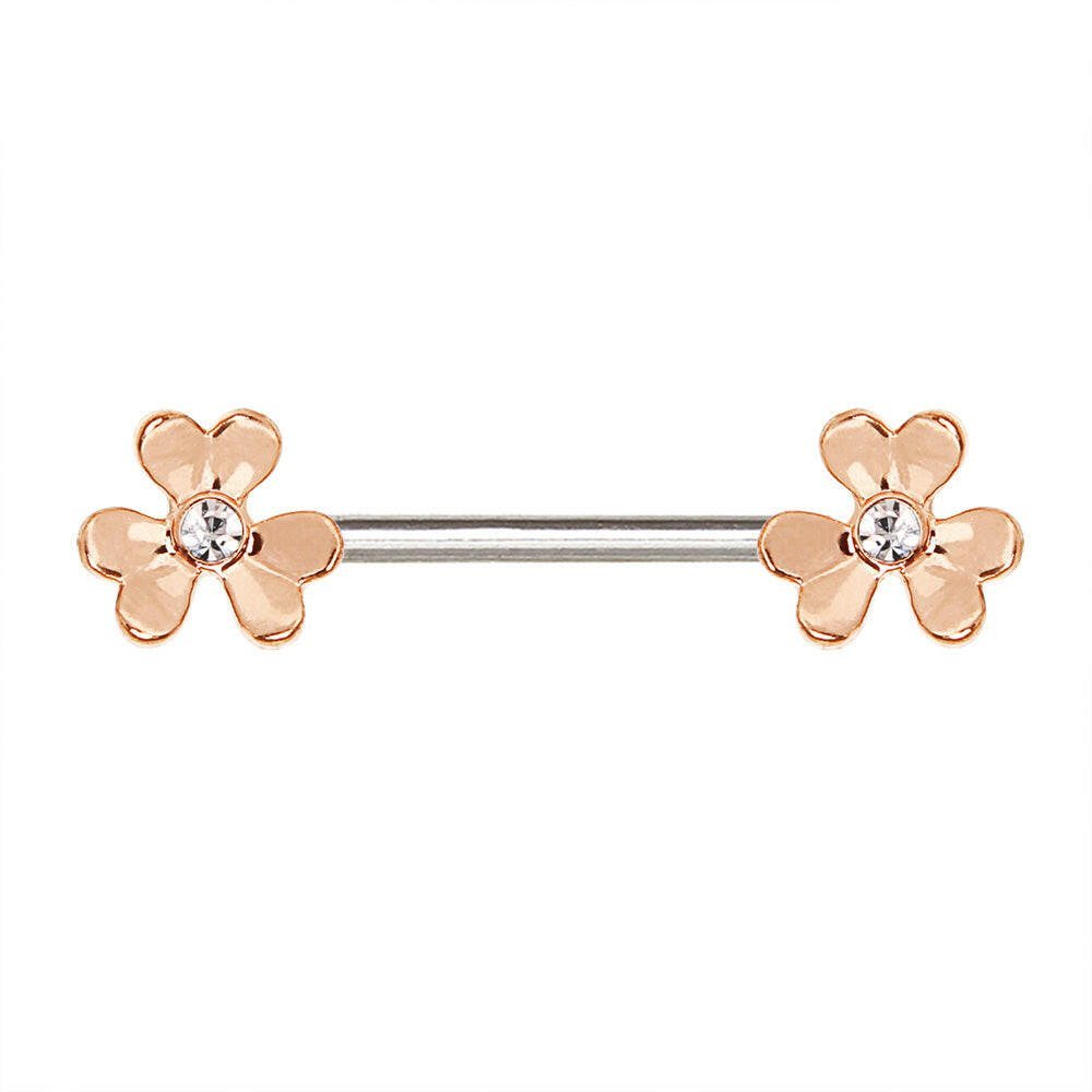 Rose gold clover leaf nipple bar pair on white background, 14G CZ each leaf 316L stainless steel body jewelry