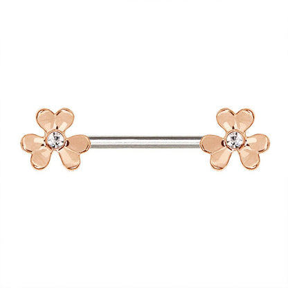 Rose gold clover leaf nipple bar pair on white background, 14G CZ each leaf 316L stainless steel body jewelry