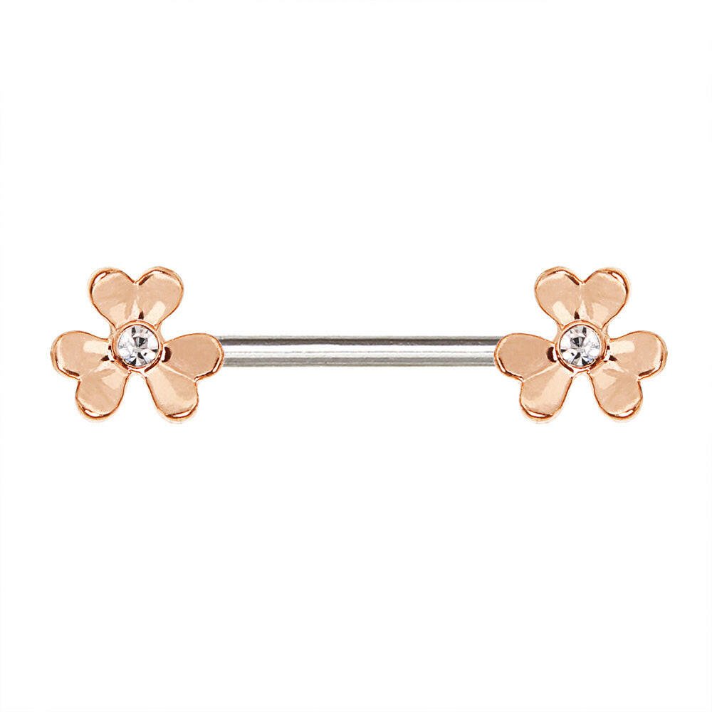 Rose Gold Plated Jeweled Clover Leaf Nipple Bar Nipple Ring Impulse Piercings