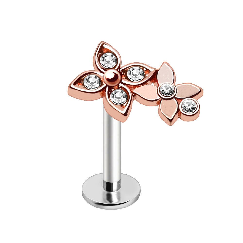 Rose Gold Plated Jeweled Double Flower Labret Labret Impulse Piercings