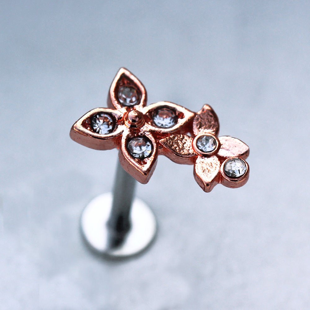 Rose Gold Plated Jeweled Double Flower Labret Labret Impulse Piercings