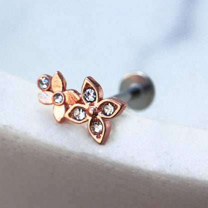 Rose Gold Plated Jeweled Double Flower Labret Labret Impulse Piercings