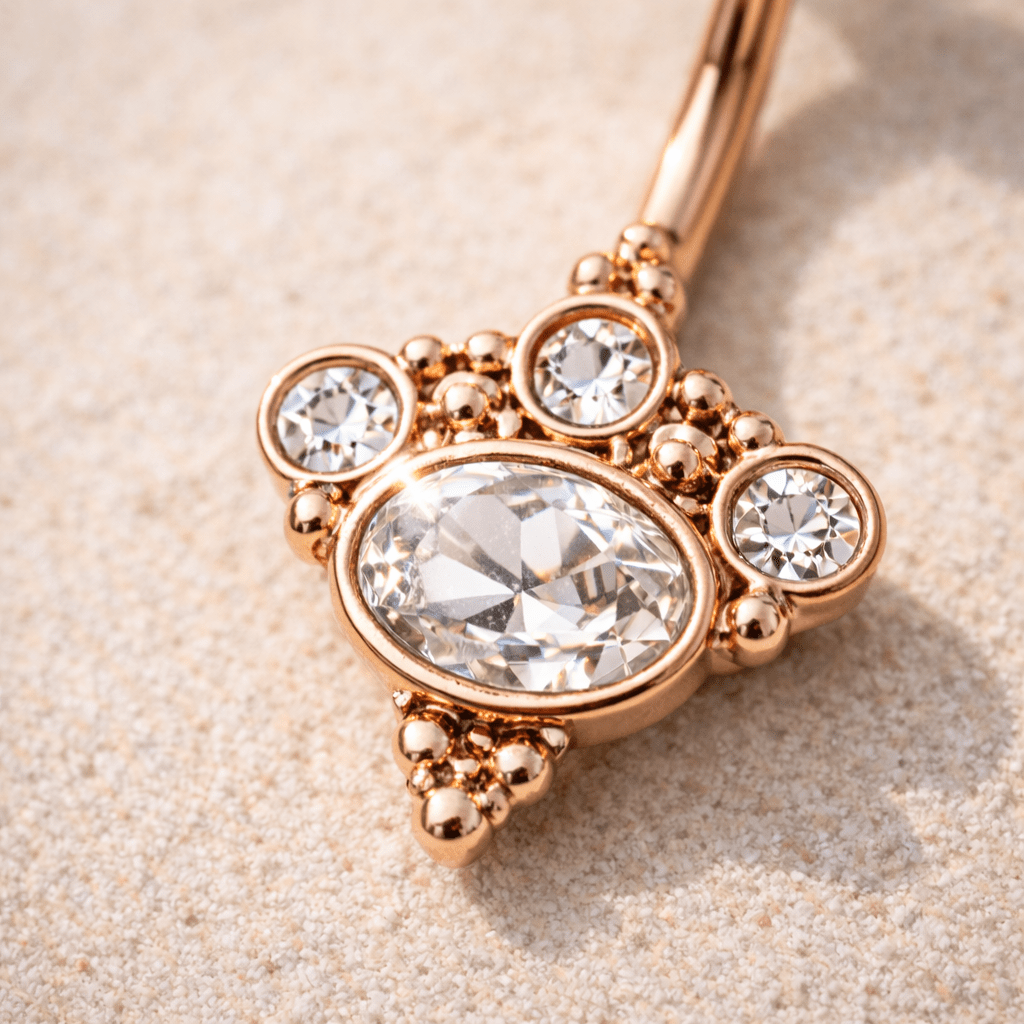 Close up of clear CZ gems on rose gold Victorian navel ring, oval and round cubic zirconia detail