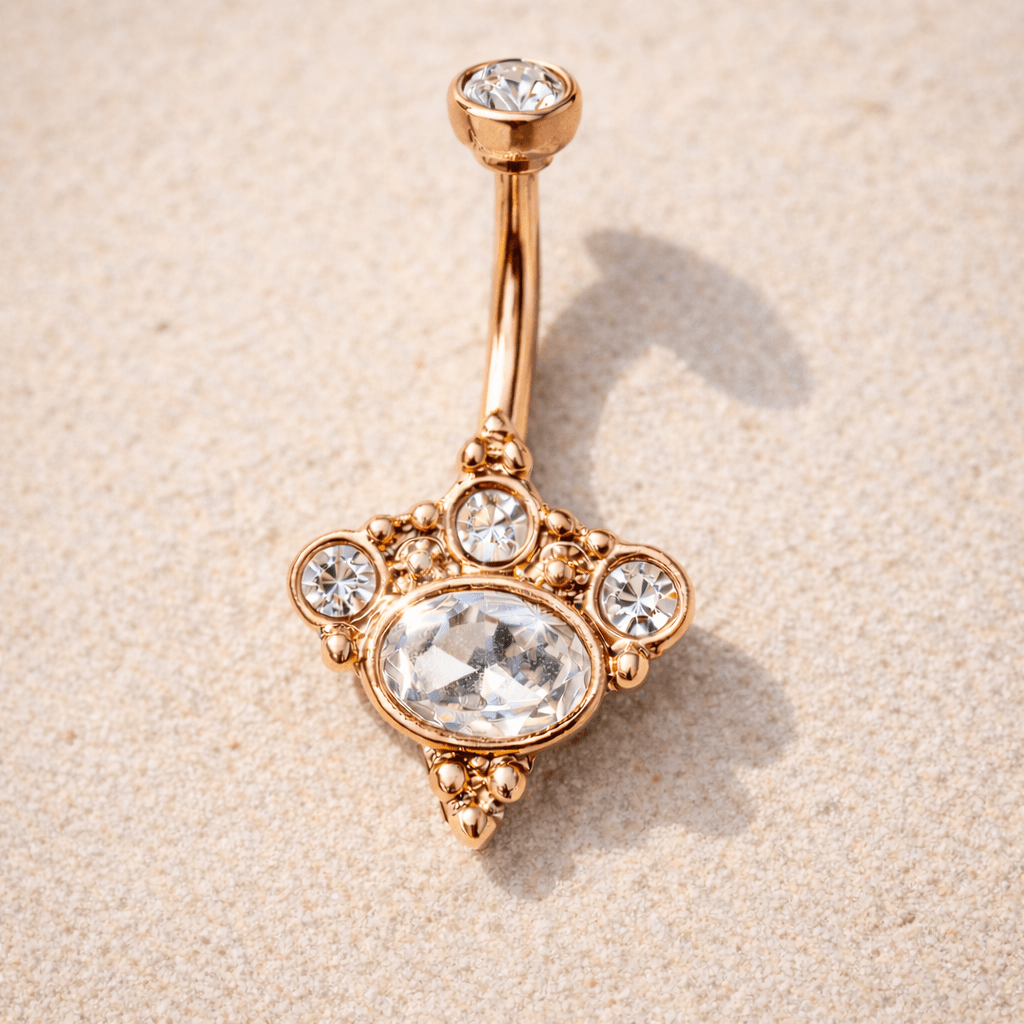 Rose gold Victorian navel ring 14G clear CZ gems, gold plated 316L stainless steel belly button ring