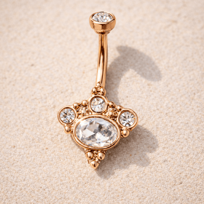 Rose gold Victorian navel ring 14G clear CZ gems, gold plated 316L stainless steel belly button ring