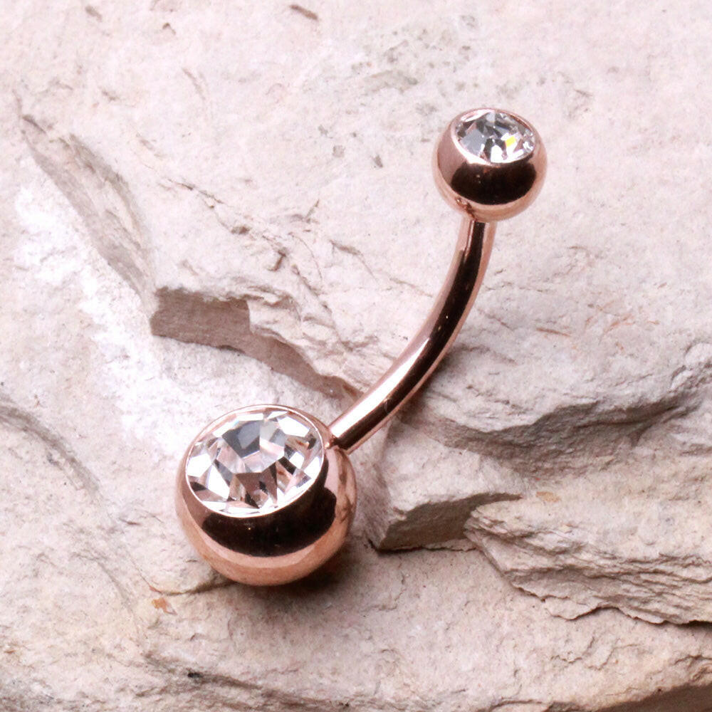 Rose-Gold Plated Navel Ring with Gemmed Balls