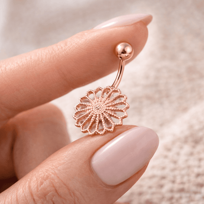 Rose Gold Plated Ornate Flower Navel Ring - Skin Metals