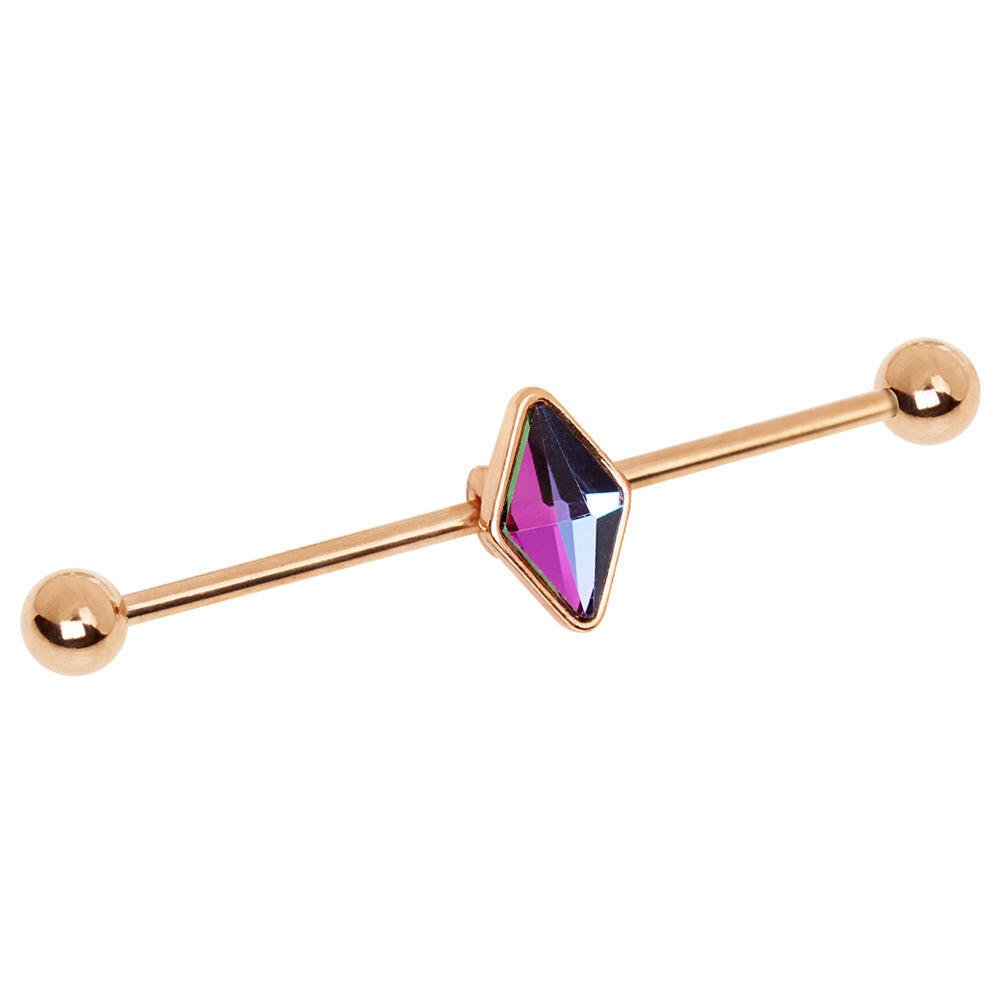 Rose Gold Plated Rhombus Shape CZ Industrial Barbell Industrial Barbell Impulse Piercings