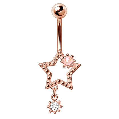 Rose gold star drop navel ring on white background, 14G white opal CZ dangling star 316L stainless steel belly ring