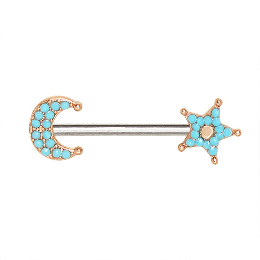 Rose Gold Plated Turquoise Bead Moon & Star Nipple Bar Nipple Ring Impulse Piercings