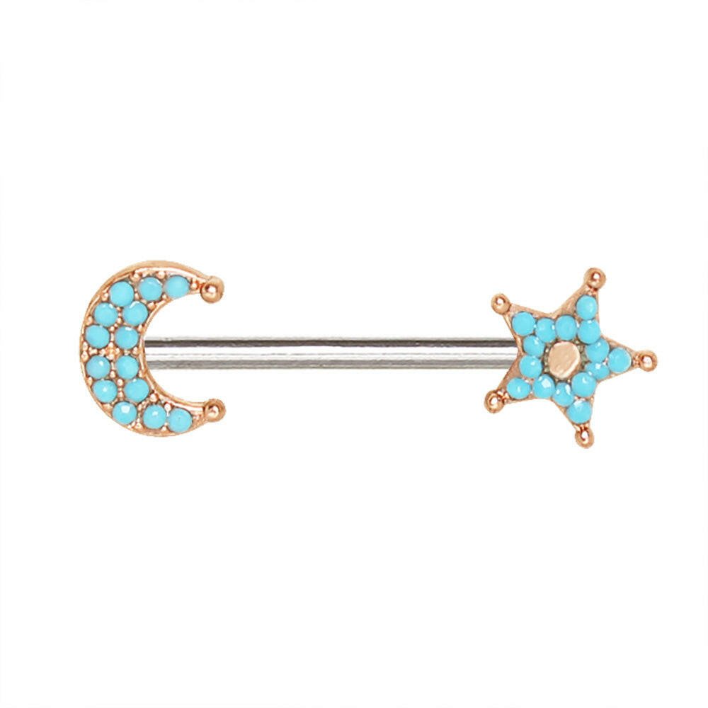 Rose gold moon star nipple bar pair on white background, 14G turquoise beads rose gold plated stainless steel