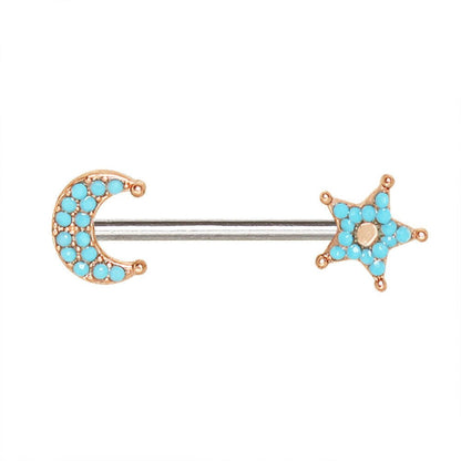 Rose gold moon star nipple bar pair on white background, 14G turquoise beads rose gold plated stainless steel