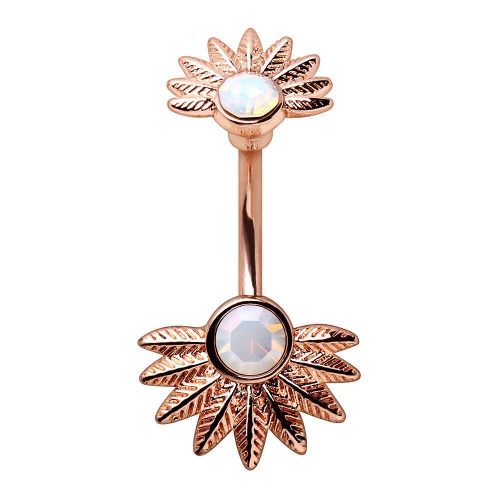 Rose Gold Plated White Synthetic Opal Palm Leaves Navel Rings